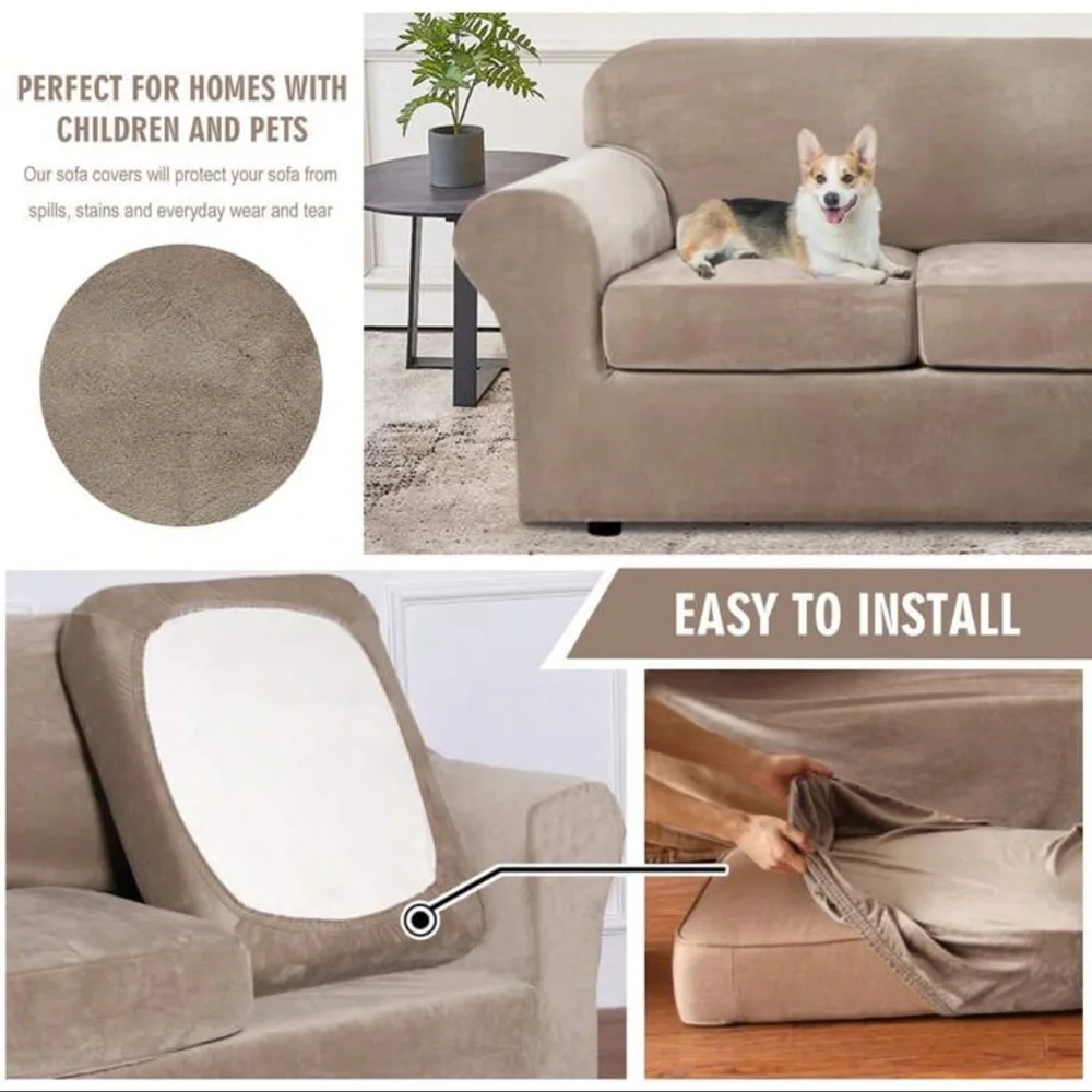Elegant Velour Beige Stretchy Sofa Cover